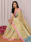 Janasya Yellow Cotton Linen Ethnic Motifs Printed Saree - Distacart