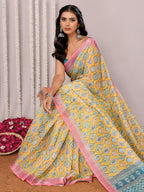 Janasya Yellow Cotton Linen Ethnic Motifs Printed Saree - Distacart