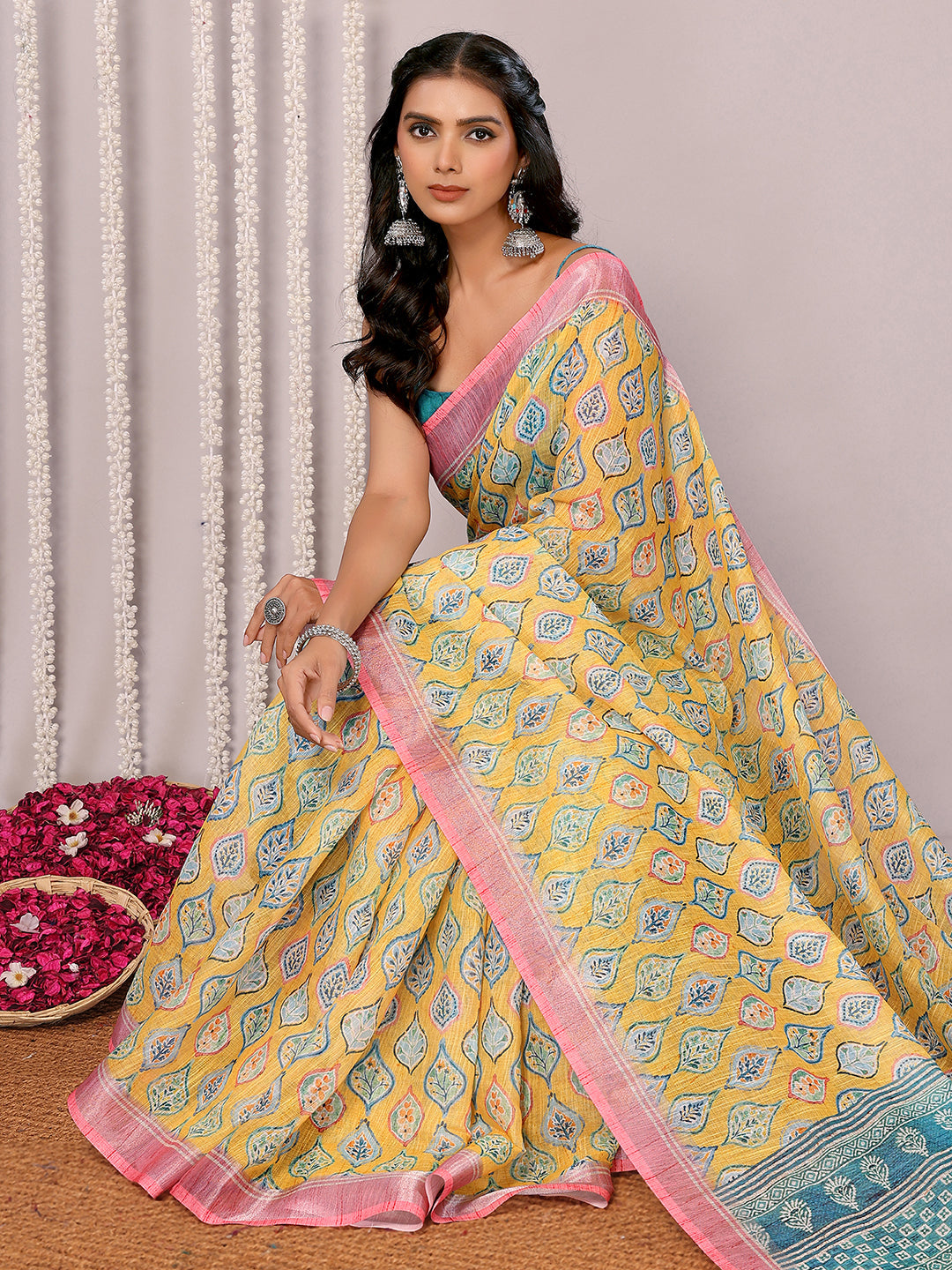 Janasya Yellow Cotton Linen Ethnic Motifs Printed Saree - Distacart