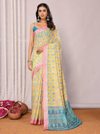 Janasya Yellow Cotton Linen Ethnic Motifs Printed Saree - Distacart