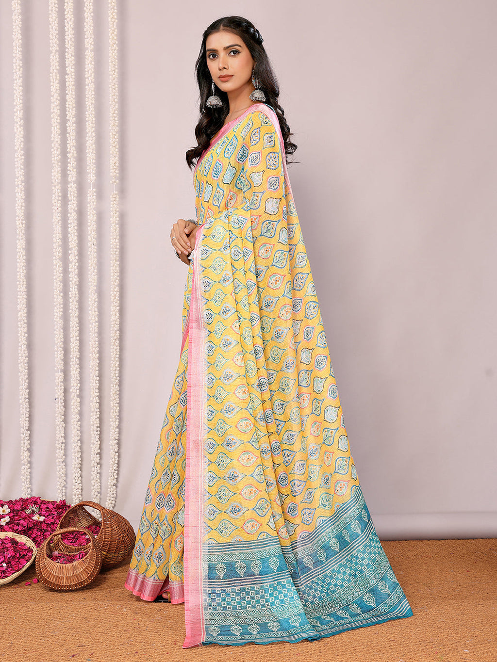 Janasya Yellow Cotton Linen Ethnic Motifs Printed Saree - Distacart