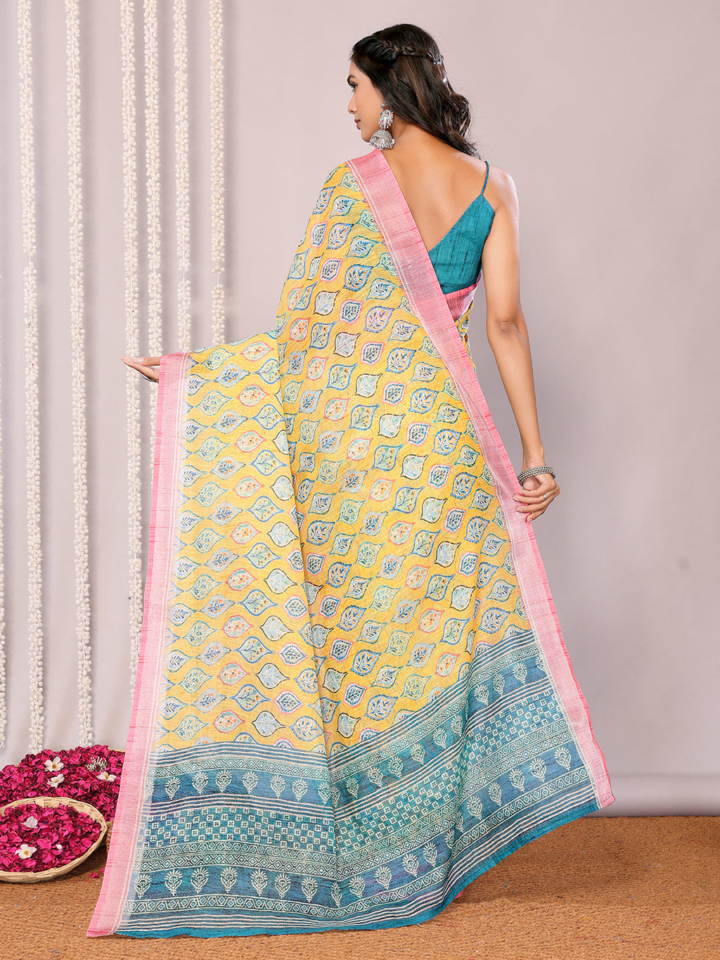 Janasya Yellow Cotton Linen Ethnic Motifs Printed Saree - Distacart