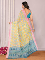 Janasya Yellow Cotton Linen Ethnic Motifs Printed Saree - Distacart