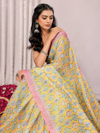Janasya Yellow Cotton Linen Ethnic Motifs Printed Saree - Distacart