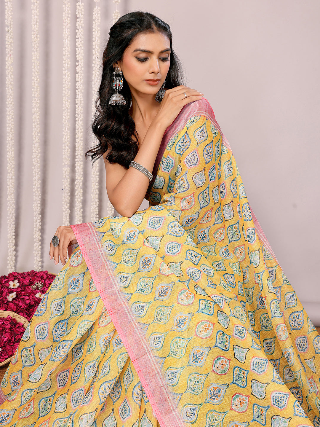 Janasya Yellow Cotton Linen Ethnic Motifs Printed Saree - Distacart