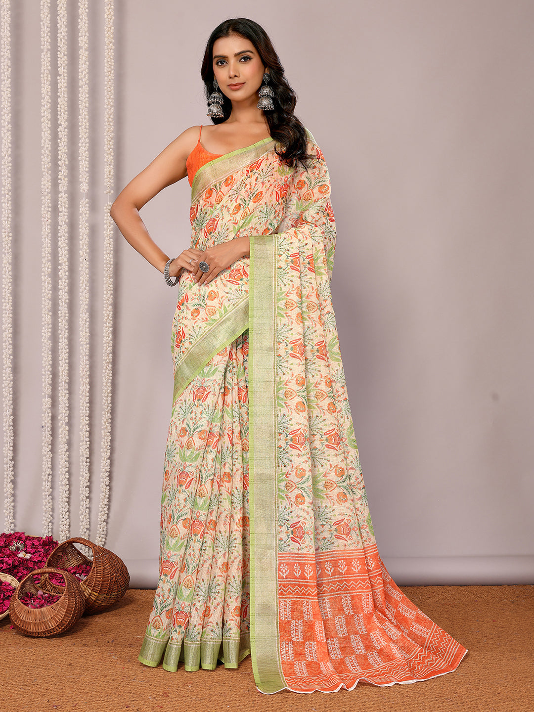 Janasya Light Green Cotton Linen Floral Printed Saree - Distacart