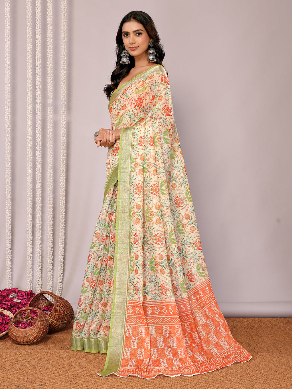 Janasya Light Green Cotton Linen Floral Printed Saree - Distacart