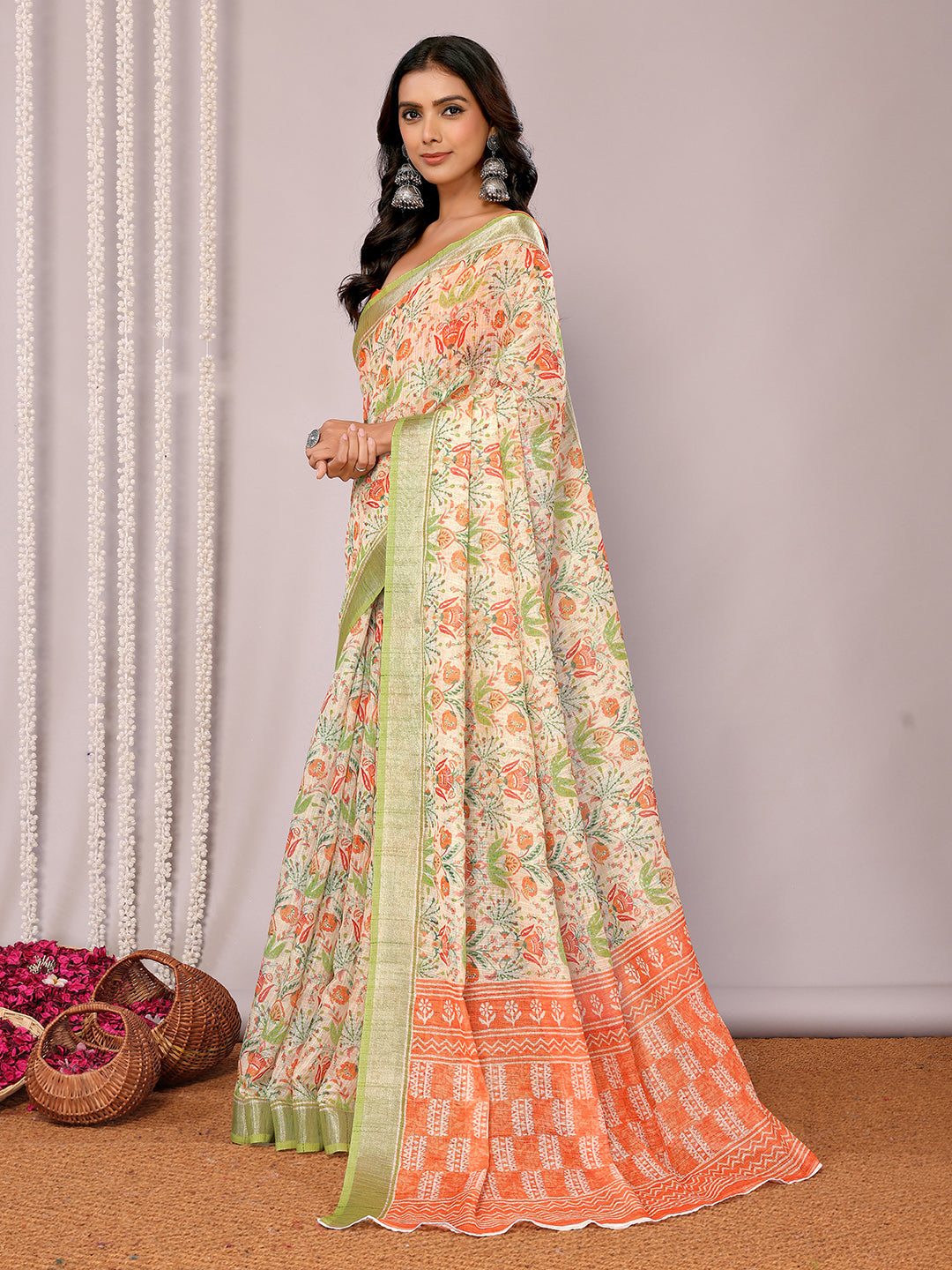 Janasya Light Green Cotton Linen Floral Printed Saree - Distacart