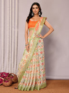 Janasya Light Green Cotton Linen Floral Printed Saree - Distacart