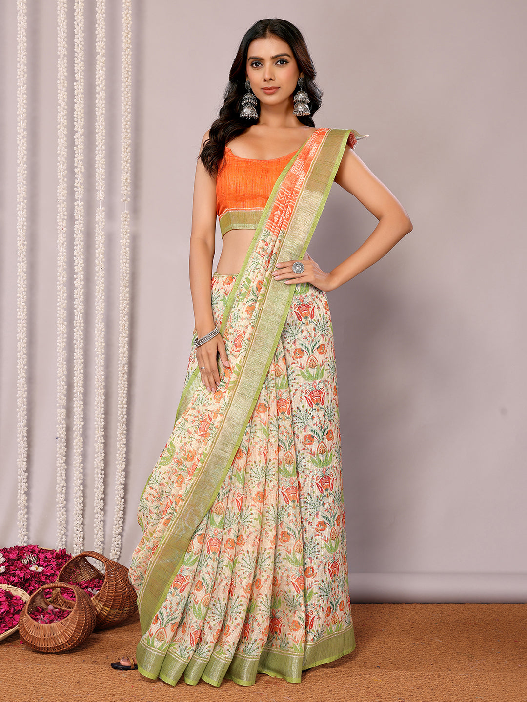 Janasya Light Green Cotton Linen Floral Printed Saree - Distacart