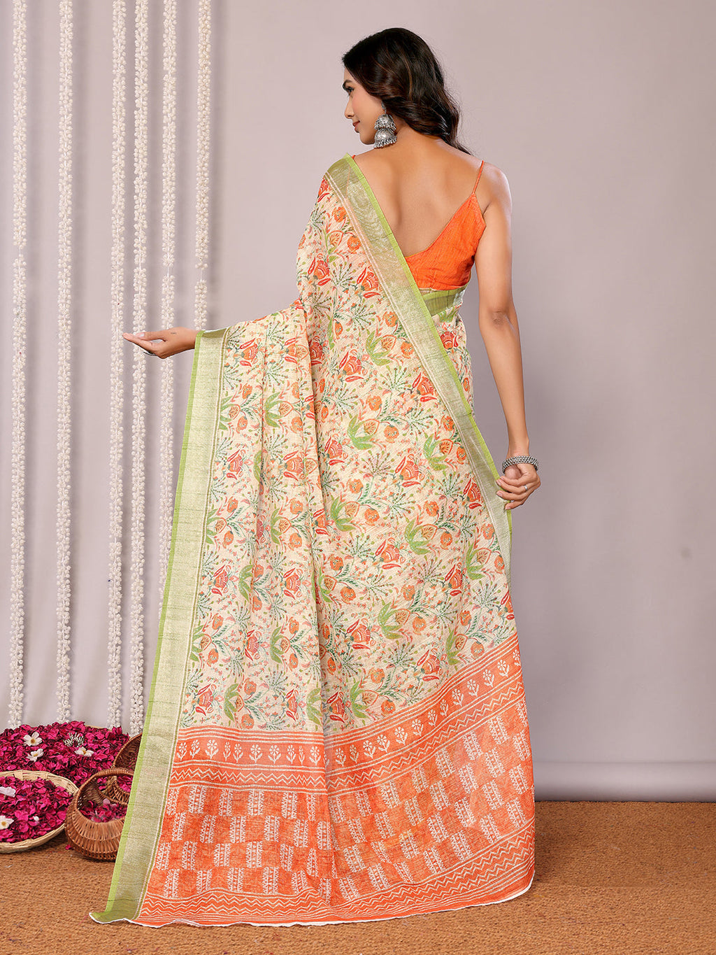 Janasya Light Green Cotton Linen Floral Printed Saree - Distacart