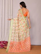 Janasya Light Green Cotton Linen Floral Printed Saree - Distacart