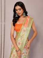 Janasya Light Green Cotton Linen Floral Printed Saree - Distacart