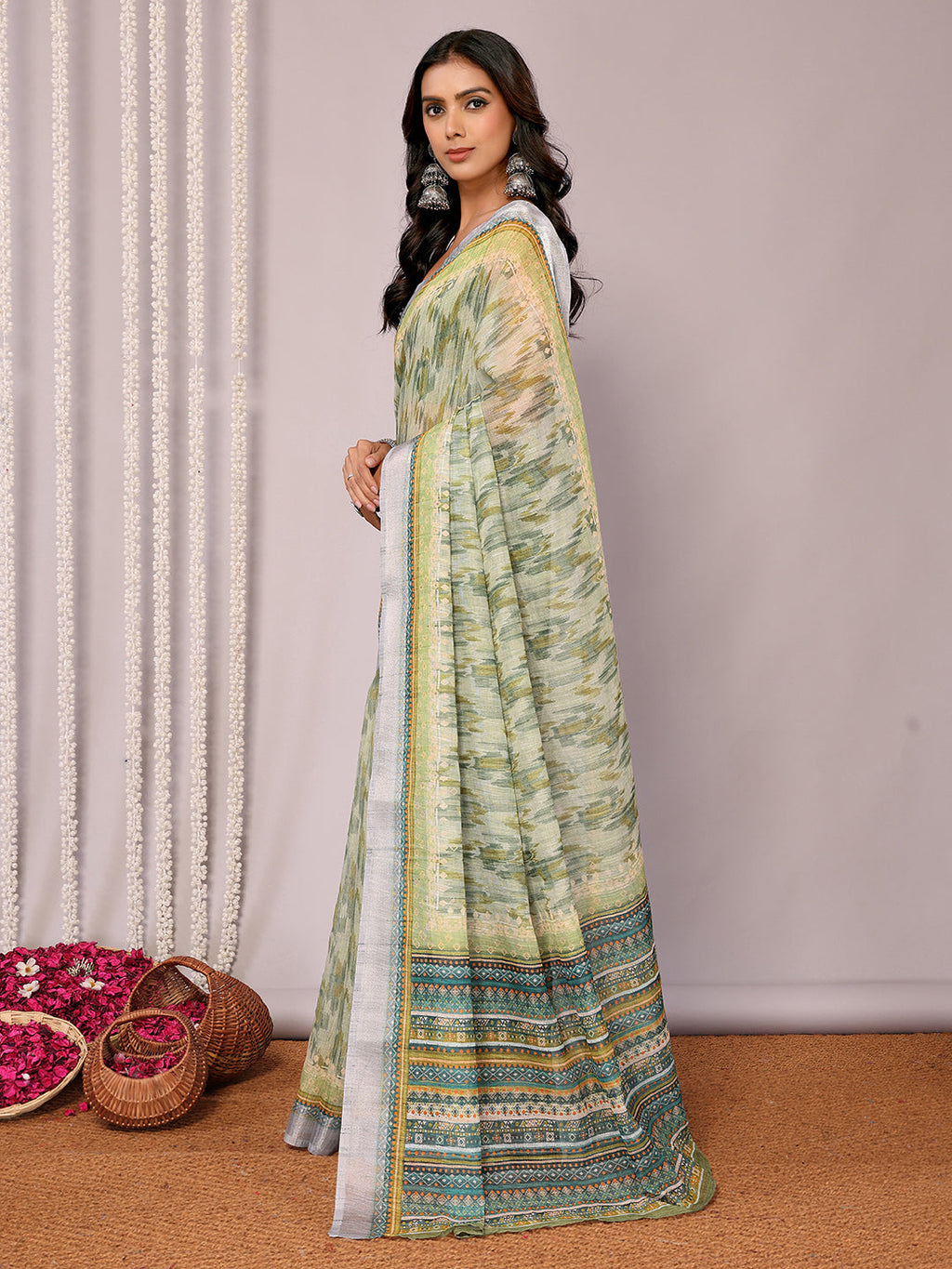 Janasya Sage Green Cotton Linen Abstract Printed Saree - Distacart