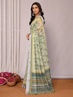 Janasya Sage Green Cotton Linen Abstract Printed Saree - Distacart