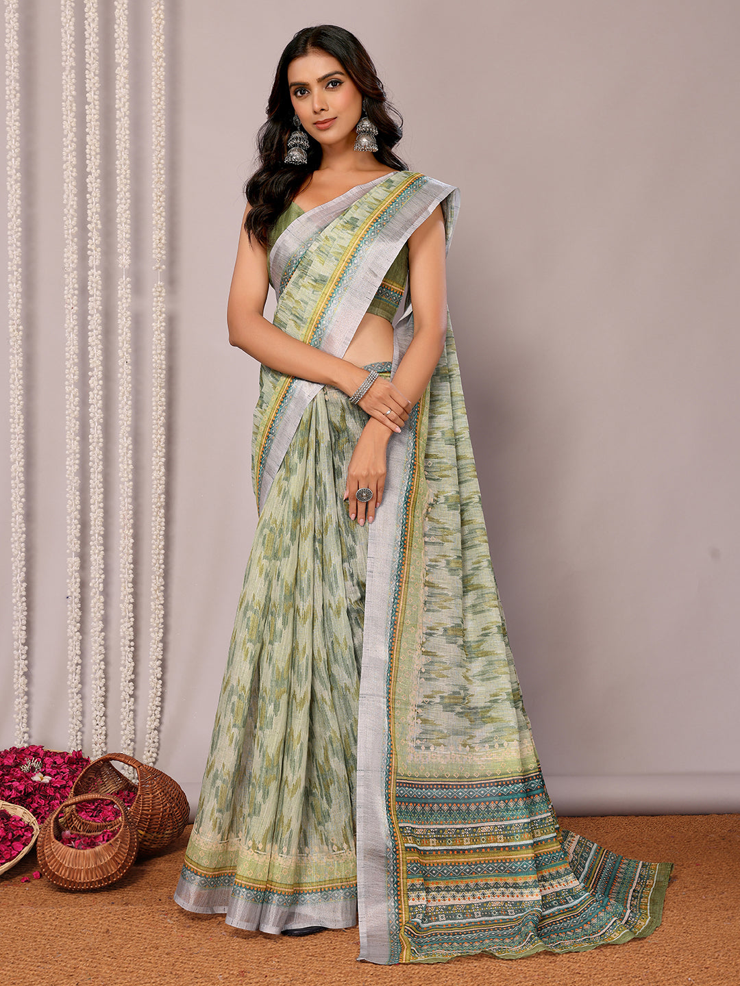 Janasya Sage Green Cotton Linen Abstract Printed Saree - Distacart