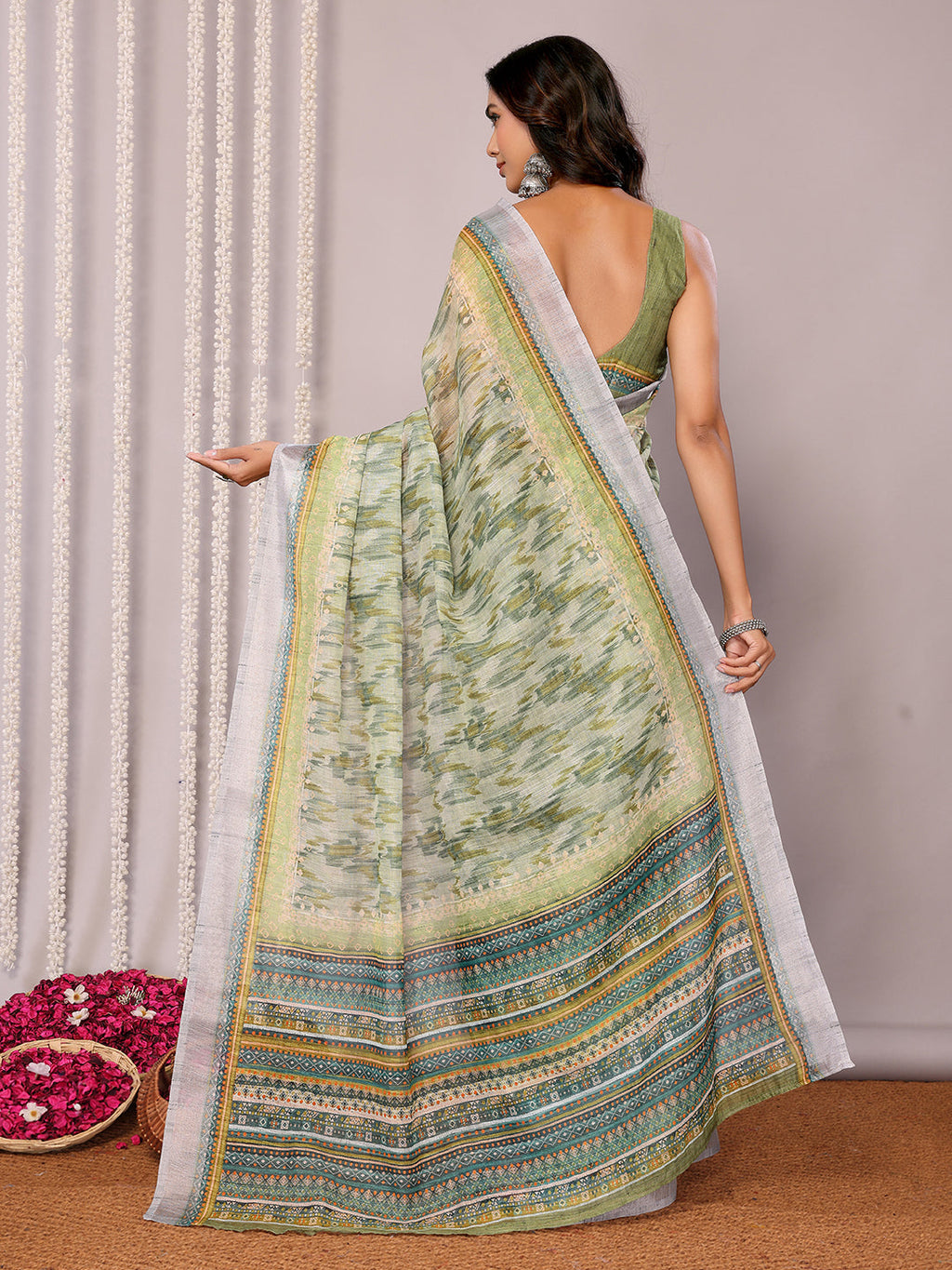 Janasya Sage Green Cotton Linen Abstract Printed Saree - Distacart