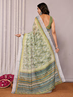 Janasya Sage Green Cotton Linen Abstract Printed Saree - Distacart