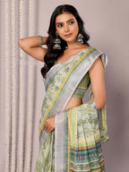 Janasya Sage Green Cotton Linen Abstract Printed Saree - Distacart