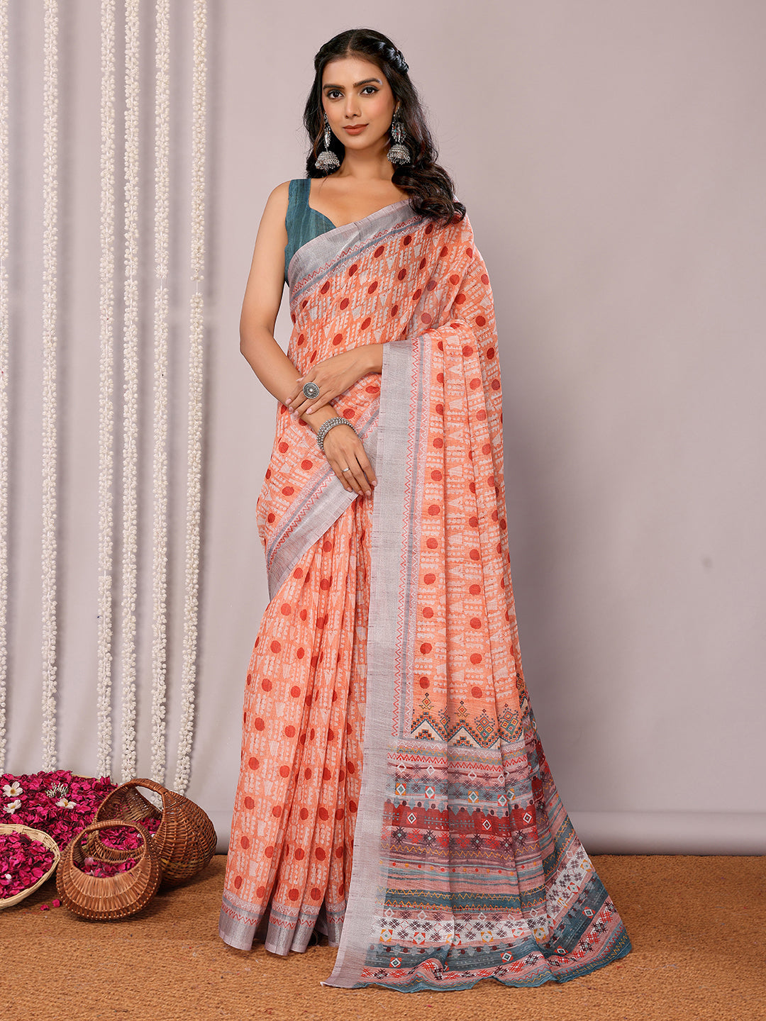 Janasya Orange Cotton Linen Block Print Printed Saree - Distacart