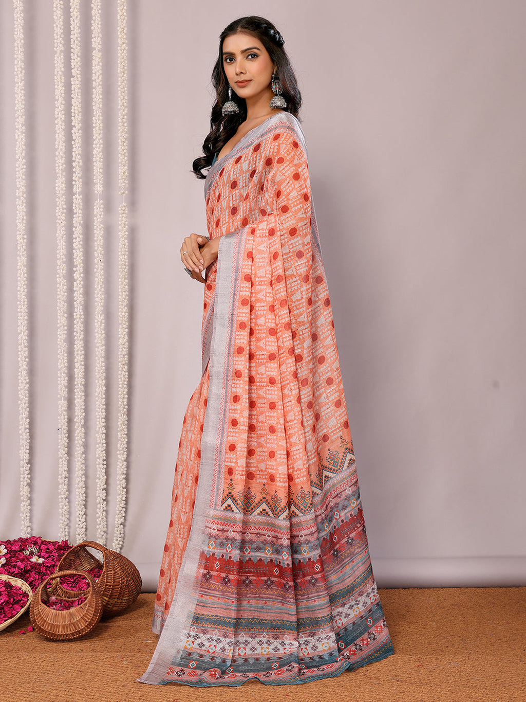 Janasya Orange Cotton Linen Block Print Printed Saree - Distacart