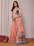 Janasya Orange Cotton Linen Block Print Printed Saree - Distacart