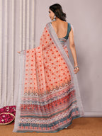 Janasya Orange Cotton Linen Block Print Printed Saree - Distacart