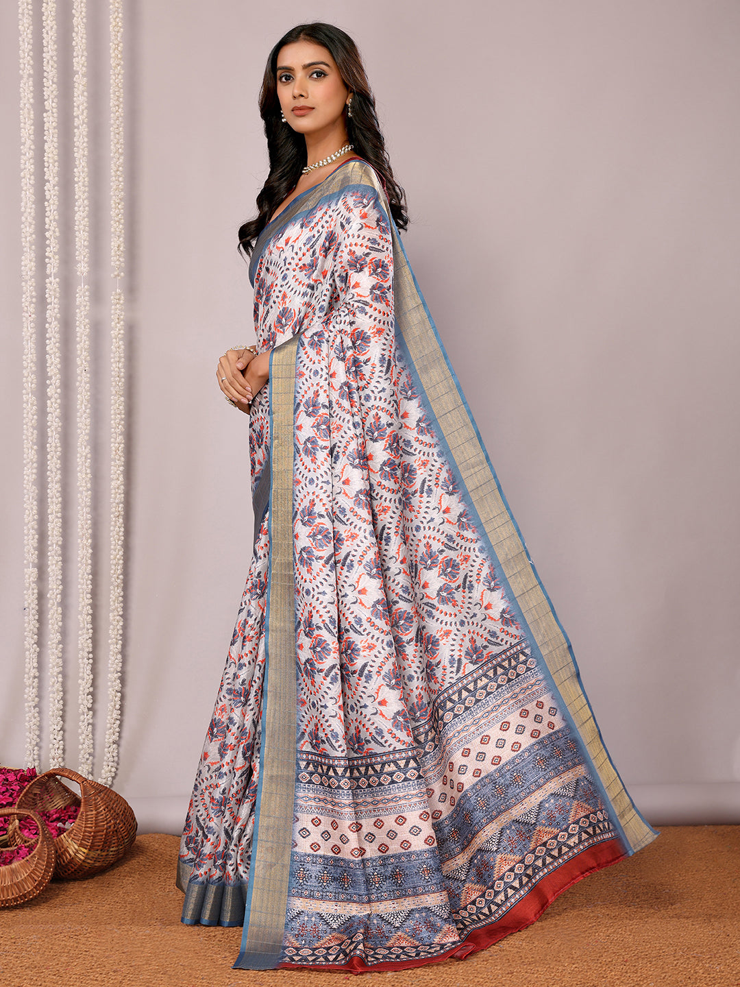 Janasya Light Blue Chanderi Silk Ethnic Print Printed Saree - Distacart