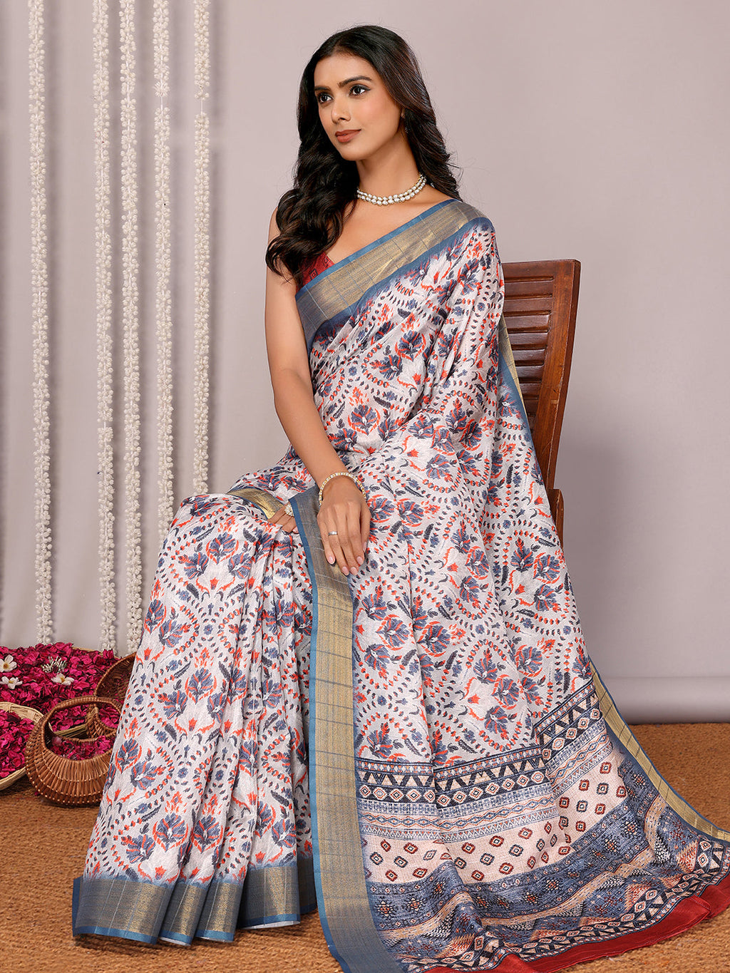 Janasya Light Blue Chanderi Silk Ethnic Print Printed Saree - Distacart