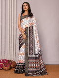 Janasya White & Black Chanderi Silk Ikkat Printed Saree - Distacart