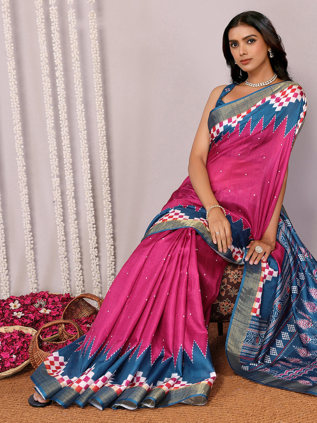 Janasya Pink & Blue Chanderi Silk Geometric Printed Saree - Distacart