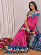 Janasya Pink & Blue Chanderi Silk Geometric Printed Saree - Distacart