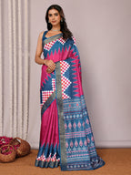 Janasya Pink & Blue Chanderi Silk Geometric Printed Saree - Distacart