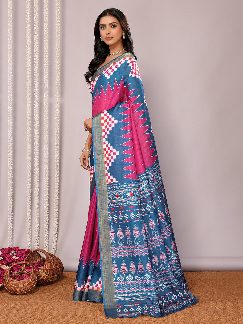 Janasya Pink & Blue Chanderi Silk Geometric Printed Saree - Distacart