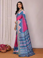 Janasya Pink & Blue Chanderi Silk Geometric Printed Saree - Distacart