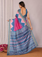 Janasya Pink & Blue Chanderi Silk Geometric Printed Saree - Distacart