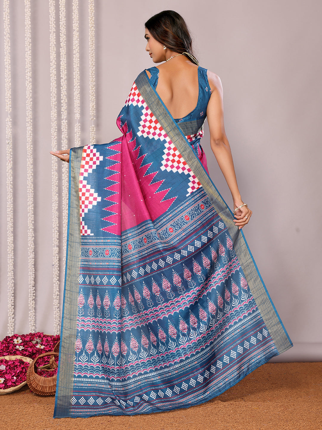 Janasya Pink & Blue Chanderi Silk Geometric Printed Saree - Distacart