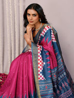 Janasya Pink & Blue Chanderi Silk Geometric Printed Saree - Distacart