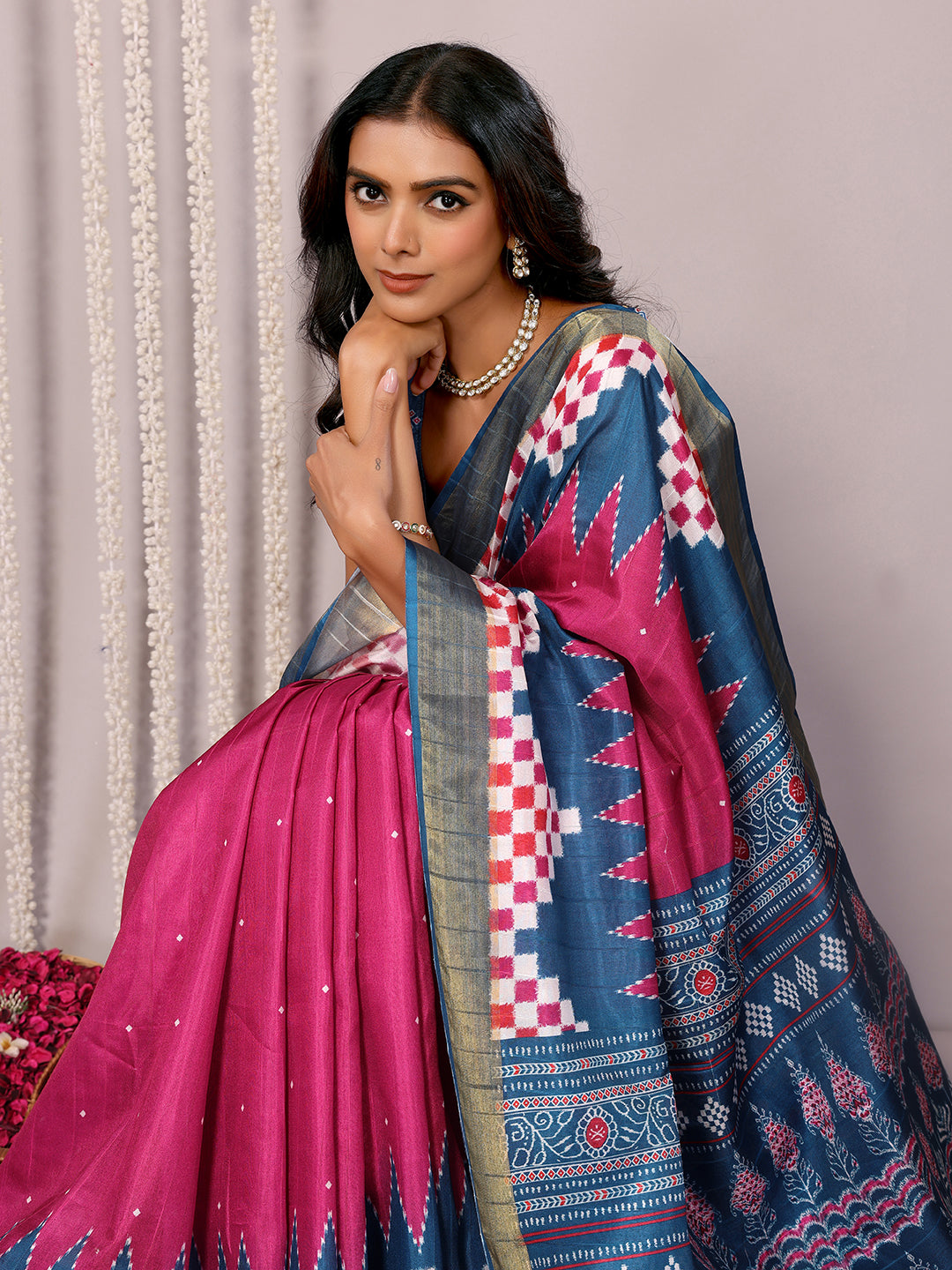 Janasya Pink & Blue Chanderi Silk Geometric Printed Saree - Distacart
