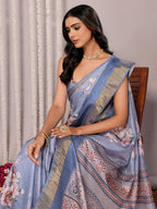 Janasya Blue Chanderi Silk Floral Printed Saree - Distacart