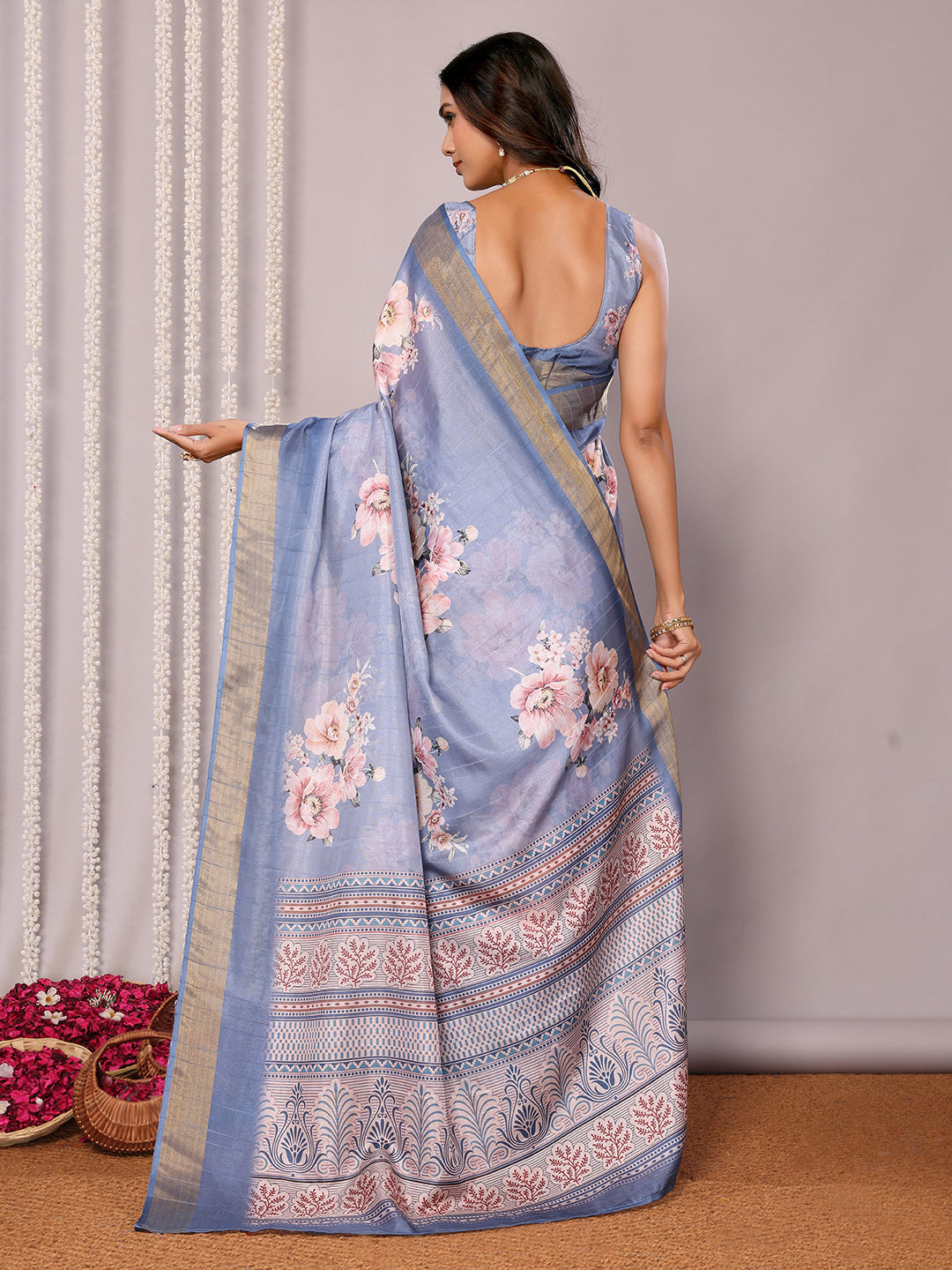Janasya Blue Chanderi Silk Floral Printed Saree - Distacart
