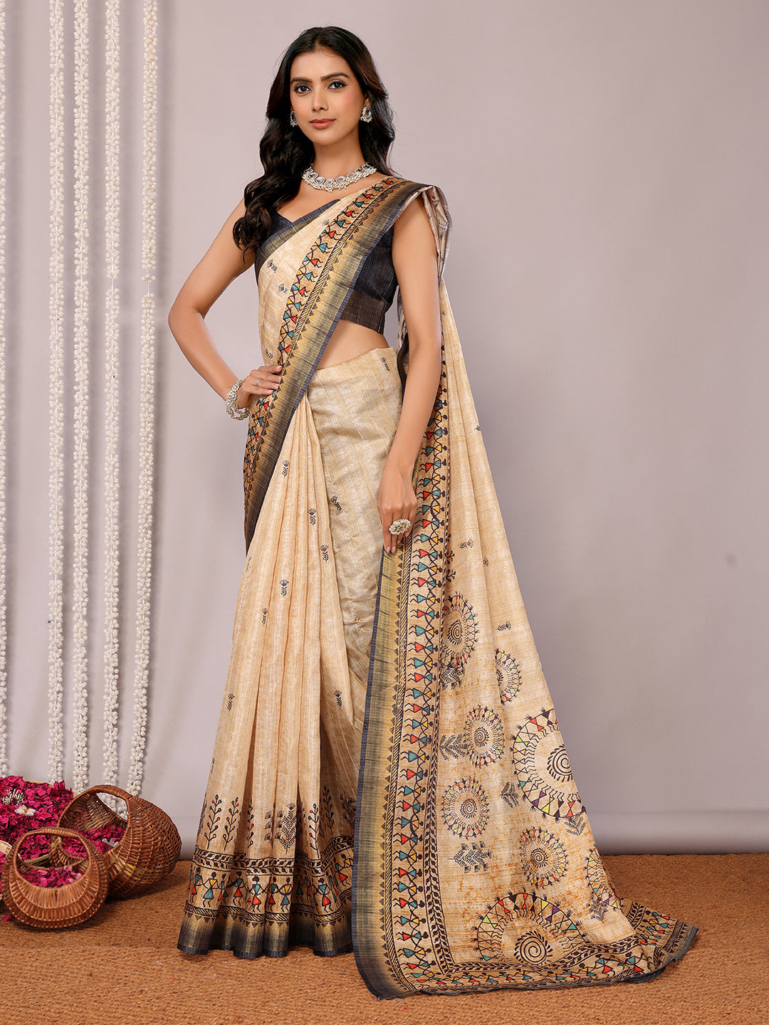 Janasya Beige Chanderi Silk Warli Print Printed Saree - Distacart