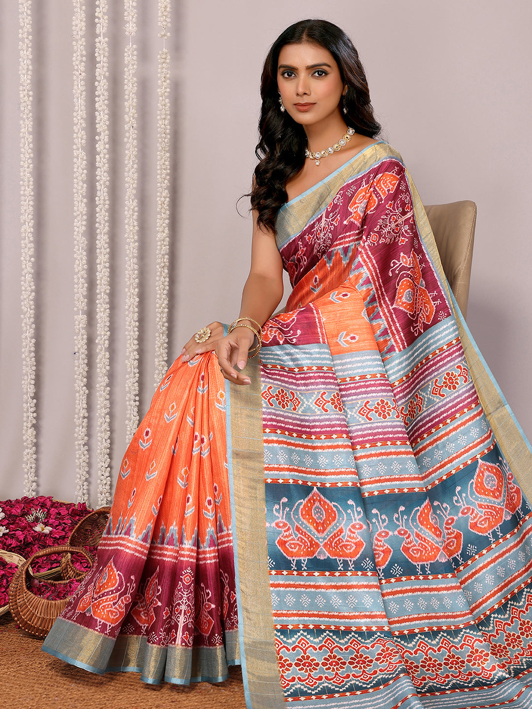 Janasya Orange Chanderi Silk Ikkat Printed Saree - Distacart