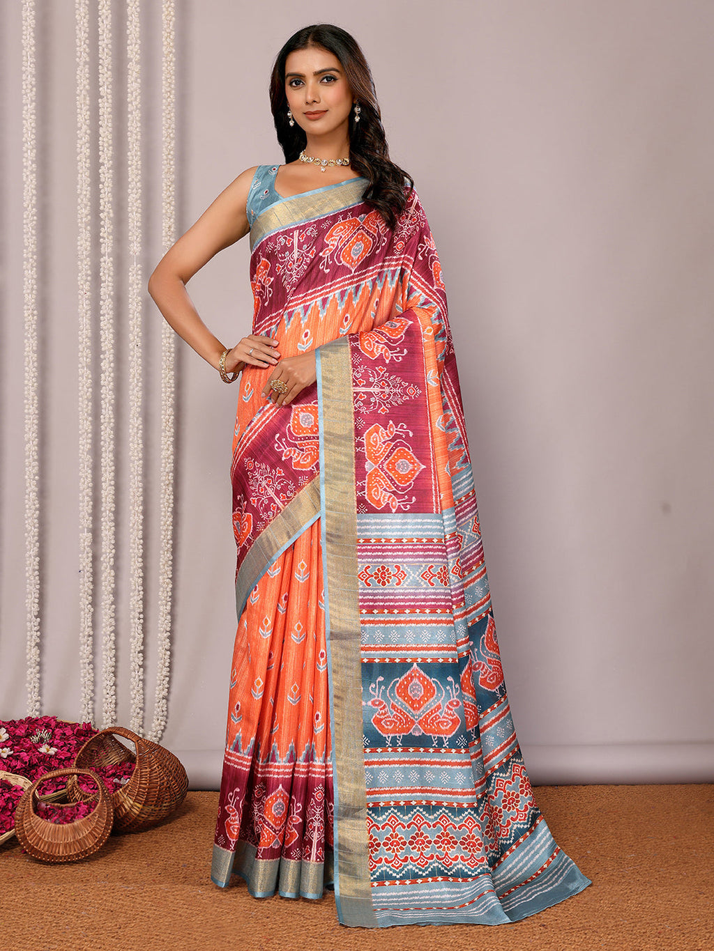 Janasya Orange Chanderi Silk Ikkat Printed Saree - Distacart