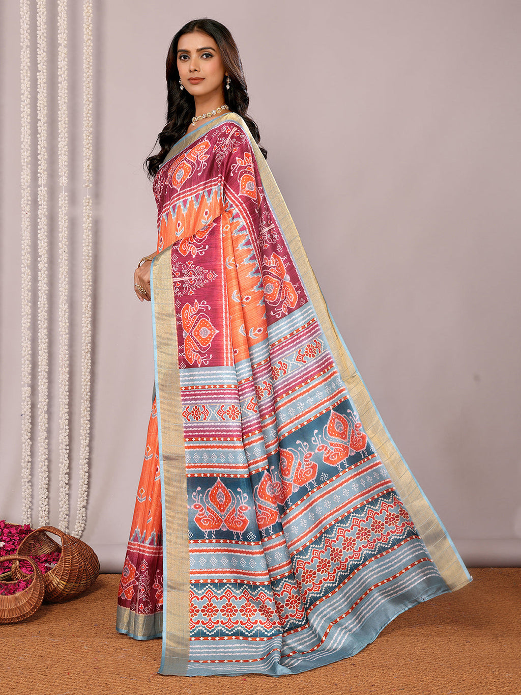 Janasya Orange Chanderi Silk Ikkat Printed Saree - Distacart