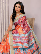 Janasya Orange Chanderi Silk Ikkat Printed Saree - Distacart