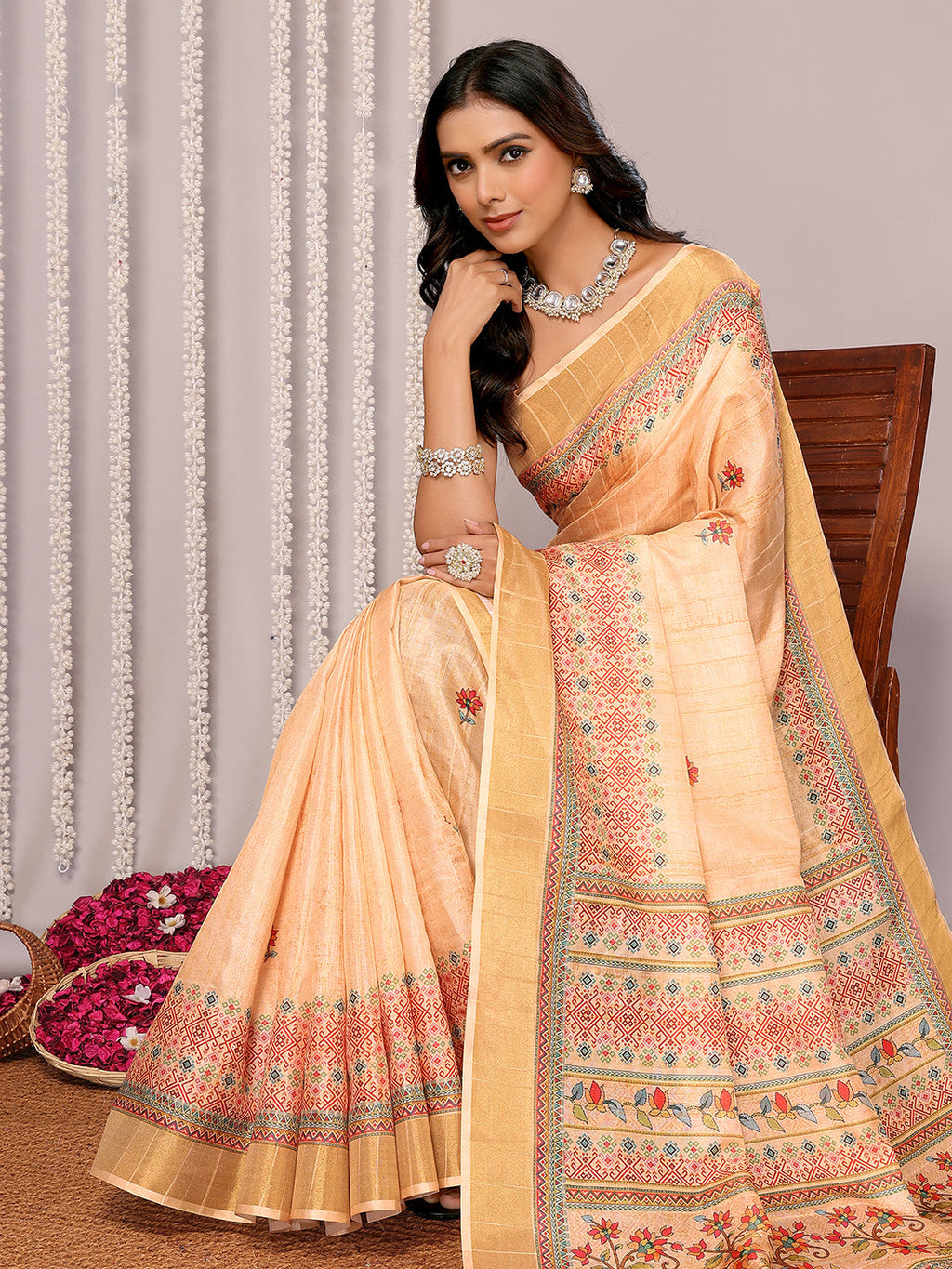 Janasya Beige Chanderi Silk Floral Printed Saree - Distacart