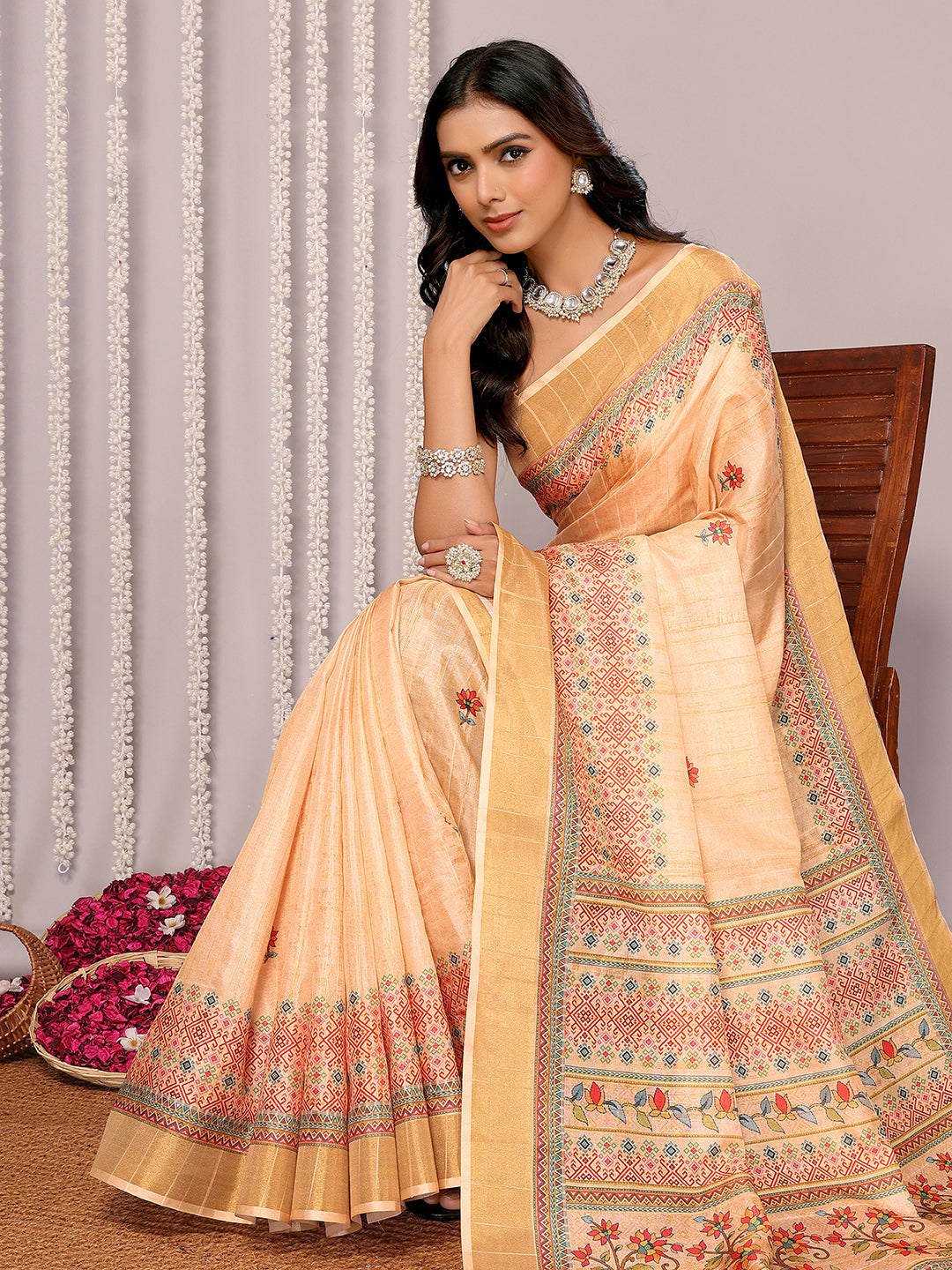 Janasya Beige Chanderi Silk Floral Printed Saree - Distacart