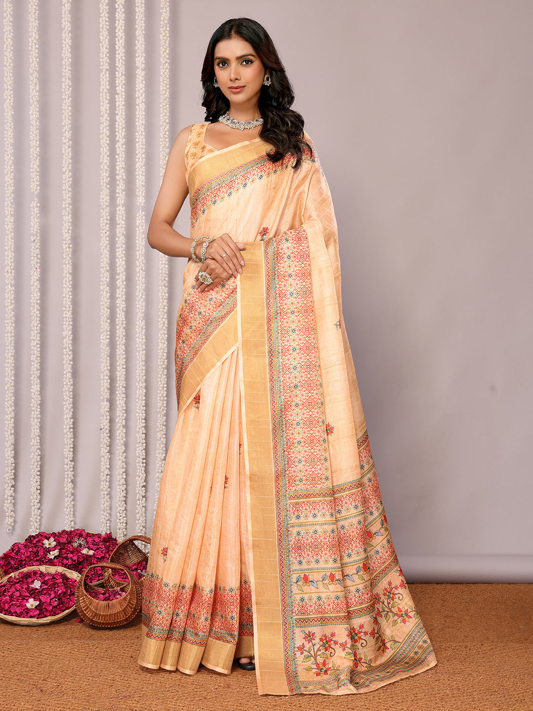 Janasya Beige Chanderi Silk Floral Printed Saree - Distacart