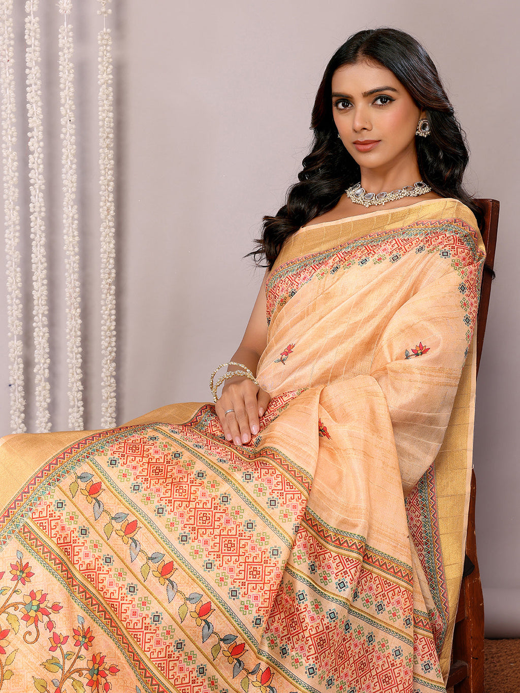 Janasya Beige Chanderi Silk Floral Printed Saree - Distacart